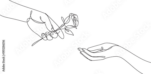 hand giving a rose to another hand continuous line drawing