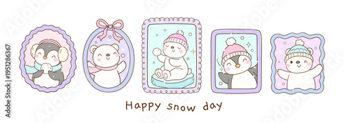 Draw vector happy arctic animals Pola bear Penguin in pastel frame Winter days seasonl Doodle cartoon illustration