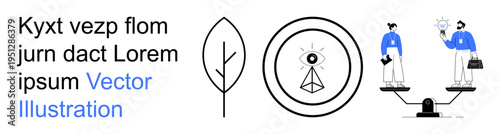Work-life balance, environmental consciousness, decision-making, teamwork, symbolism, modern graphic elements. Leaf, geometric eye and balanced figures on scales. Work-life balance and environmental