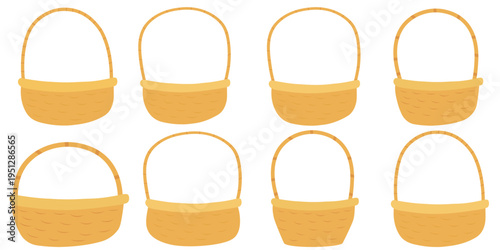 Hand drawn Easter basket set. Straw Wicker basket for picnic and gifts. Stock vector illustration isolated on white background.
