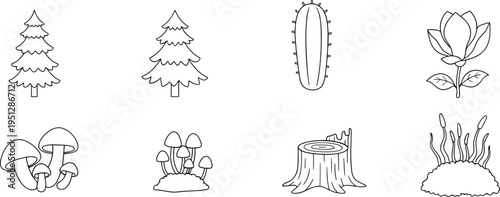 Botanical outline icons collection with trees mushrooms cactus flowers stump