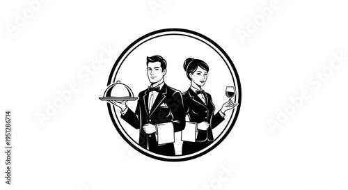 Black and White Illustration of Waiter and Waitress in a Circle