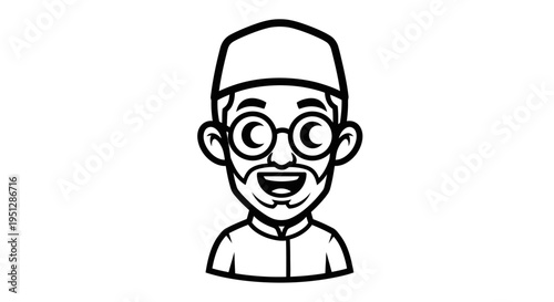 Black and White Line Art Illustration of a Smiling Muslim Man Wearing a Kufi and Glasses