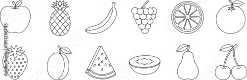 Hand drawn fruit outline icons collection with apple banana orange pear berry