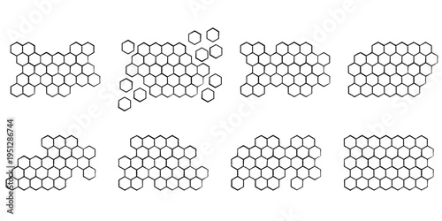 Propolis Honeycomb hexagonal pattern set. Brush stroke Honey comb sketch structure background. Honey, pollen, wax, parchment and bee products in sketch style. Stock vector illustration isolated on whi
