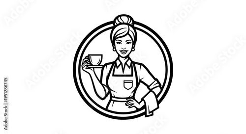 Retro Waitress Serving Coffee Cup, Black and White Line Art Logo
