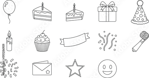 Birthday party outline icons set with cake gift balloon hat candle cupcake confetti
