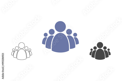 Three stylized group icons in black, blue, and line art on white background, representing teamwork and community.