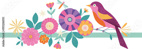 colorful bird with floral pattern vector illustration, decorative flowers and leaves, spring nature design, flat style, cute artistic composition