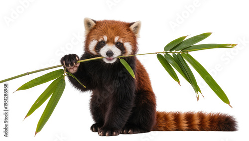 Isolated cute red panda sitting and holding a bamboo branch with green leaves, wild animal