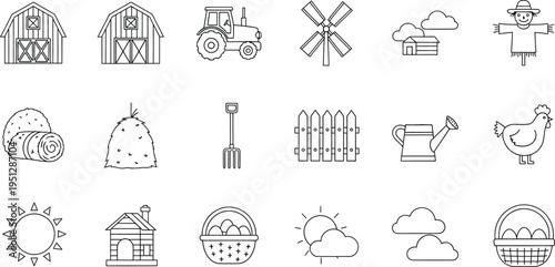 Farm agriculture icons set with barn tractor hay bale windmill scarecrow chicken