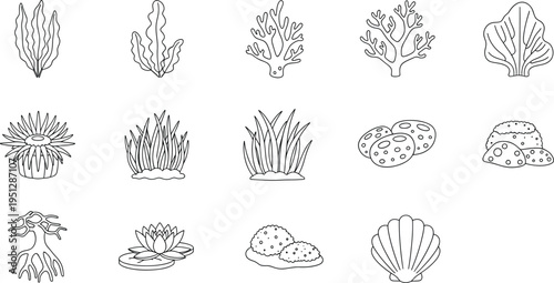 Underwater flora fauna icons collection with coral fish seaweed shells
