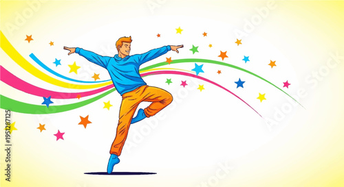 Man dancing with colorful ribbons and stars joyful movement celebration festive atmosphere vibrant colors