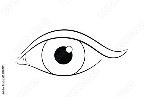 A detailed illustration of a human eye with a striking black and white iris and a subtle hint of a gaze, set against a clean white background, conveying a sense of intensity and focus.