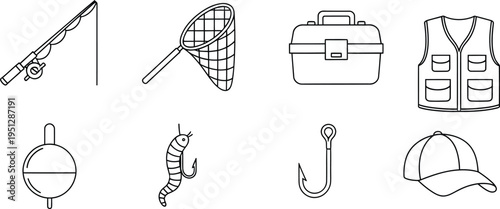 Fishing gear outline icons collection with rod hook lure bucket net