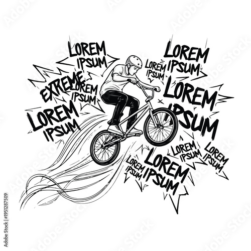 A young man in a t-shirt rides a BMX bike with dynamic motion lines and Lorem Ipsum text in a black and white graphic design