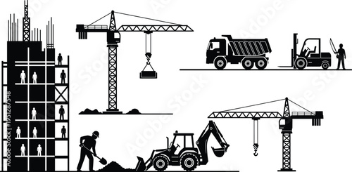 Construction silhouettes with building, tower cranes, dump truck, forklift and excavator, illustrating workers and heavy machinery in urban infrastructure 