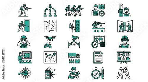 Military tactical icon set. Soldier, combat, strategy, warfare, special forces, army, surveillance, mission, planning, training, equipment, command, logistics, navigation