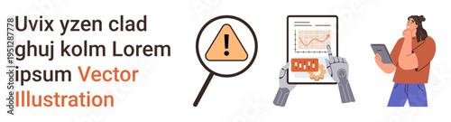 Data security, risk analysis, technology concepts, decision-making, innovation, and research. Magnifying glass with alert, robotic hands with a tablet person thinking. Data security and risk