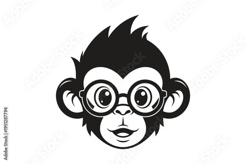 A cute cartoon monkey wearing round glasses and smiling on a white background, illustration for kids and education.