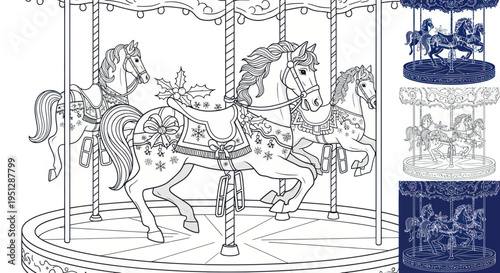 Vintage Carousel Horses Outline Drawing Illustration, Festive Holiday Design