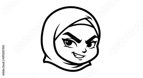Black and white cartoon of a girl in a hijab with a mischievous smile