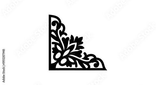 Black  White Floral Corner Ornament, Decorative Vector Element