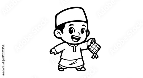 Black and White Line Art Cartoon Boy Wearing Kufi Holding Ketupat