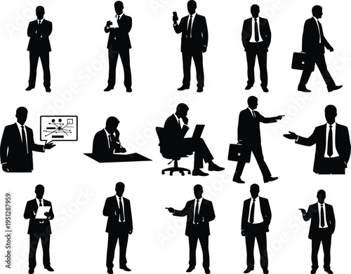 Collection of business professional silhouette poses and actions in black on white background