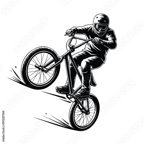 A bmx rider performs a trick on a bike with motion lines, wearing a helmet and protective gear in a black and white illustration