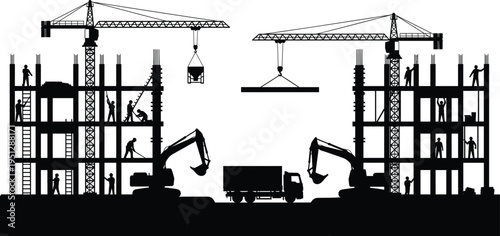 Construction site silhouette with cranes, excavators, workers and building structures, illustrating heavy machinery operations, teamwork and industrial infrastructure 
