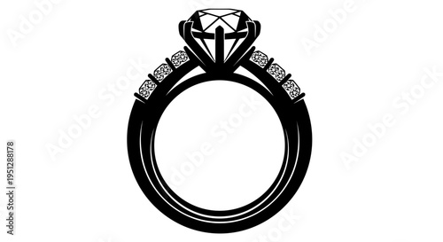 Black and white diamond engagement ring with channel set stones vector illustration