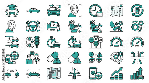 Elderly driving and road safety icon set. Senior driver, car safety, vision test, medication, traffic rules, cognitive health, reaction time, navigation, doctor consult. Vector illustrations