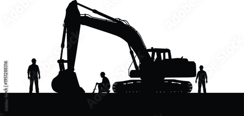 Construction site silhouette with excavator and workers performing digging and ground work, representing heavy machinery operations, manual labor and industrial engineering 