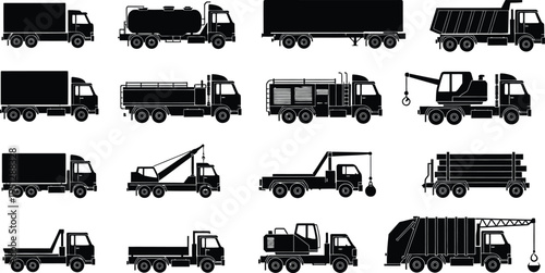Collection of various truck silhouettes for industrial and transportation use