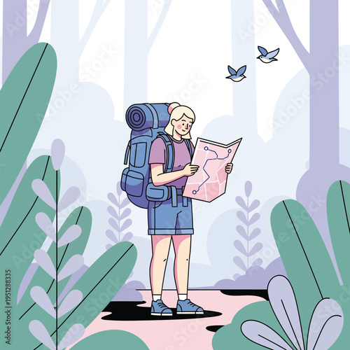 hiker with backpack studying map in forest vector illustration
