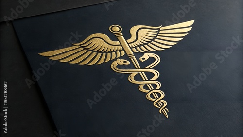 A golden 3D caduceus medical symbol with wings and snakes forms a healthcare emblem on a black background for a pharmaceutical logo or hospital sign vector illustration
