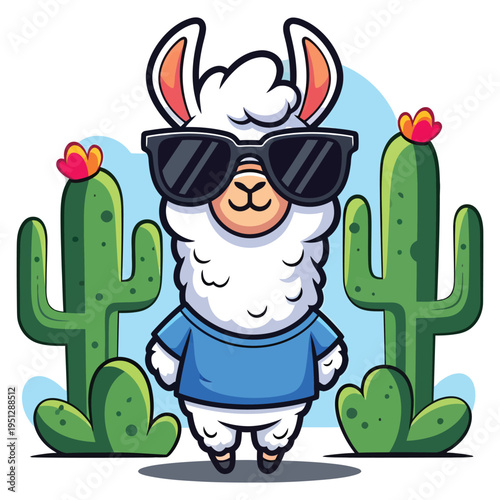 funny llama wearing sunglasses standing between cacti vector illustration