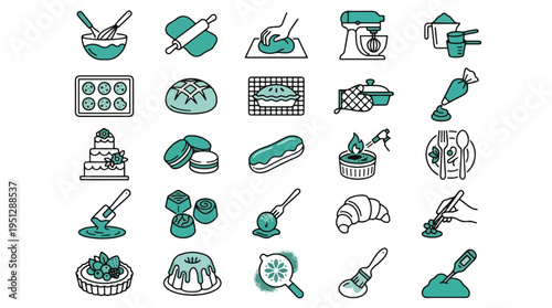 Baking and Pastry Icon Set. Whisk, rolling pin, kneading dough, stand mixer, measuring cups, cookies, bread, pie, oven mitt, piping bag, cake, macaron, eclair, chocolate, croissant