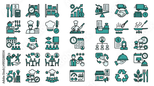 Restaurant Management Icons. Chef, kitchen, food, inventory, logistics, menu, cooking, delivery, staff, reservation, waiter, analytics, catering, sustainability