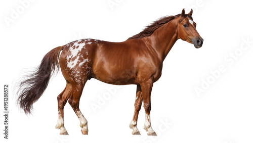 Bilde på lerret Isolated beautiful brown spotted horse standing in profile with dark mane and ta