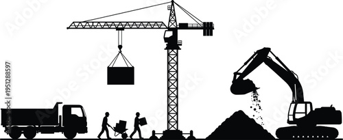 Construction site silhouette with tower crane lifting load, excavator digging soil and workers with dump truck, representing heavy machinery operations and infrastructure development concept on white