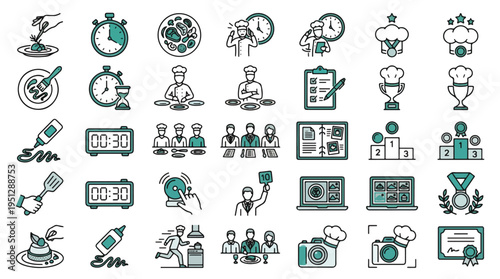 Culinary contest icons. Chef, judging, timer, award, trophy, medal, plating, menu, kitchen, restaurant, winner, certificate, food photography, professional, baking. Teal line vector graphics