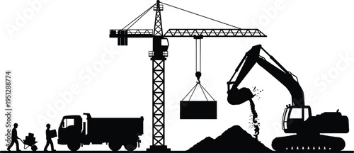 Construction site silhouette with tower crane lifting load, excavator dumping soil and workers with dump truck, representing heavy machinery operations and infrastructure development concept
