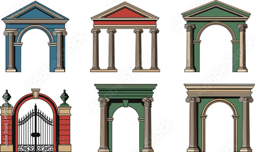 Set of six classical architectural archways and gateways with columns, pediments, decorative details, colorful vector illustration for educational and artistic use