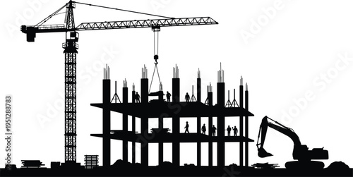 Construction site silhouette with tower crane lifting materials over unfinished building and excavator working ground, illustrating urban development, heavy machinery and engineering teamwork concept