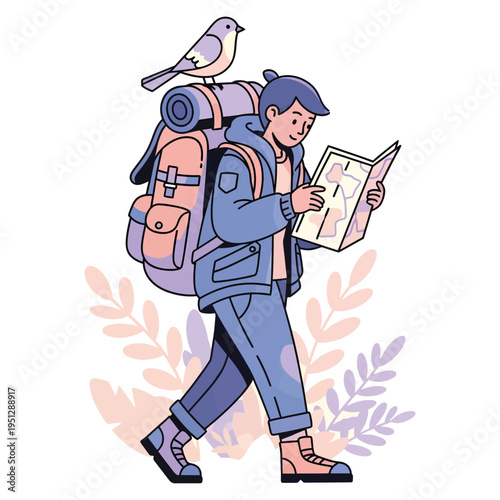 hiker with backpack and bird reads map vector illustration