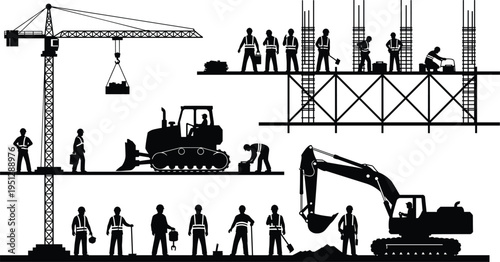 Construction site silhouette with tower crane, bulldozer, excavator and workers on scaffolding, illustrating heavy machinery operations, teamwork and industrial infrastructure 