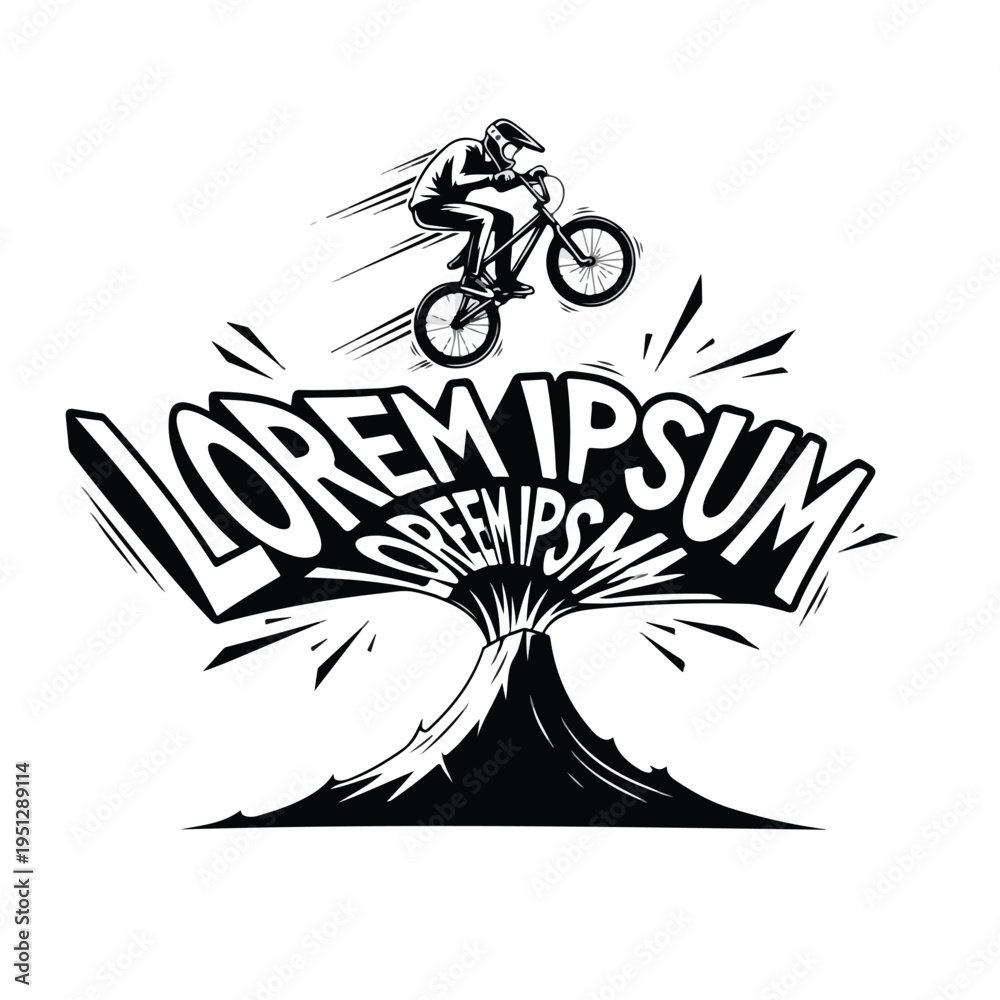 Fototapeta premium A bmx rider jumps over a volcano graphic with a tshirt design and bold typography in a black and white illustration