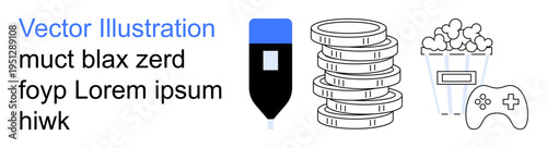 Gaming, digital creativity, leisure activities, multimedia design, content production, streaming services. Pen tool, game controller popcorn coins. Gaming and digital creativity concept